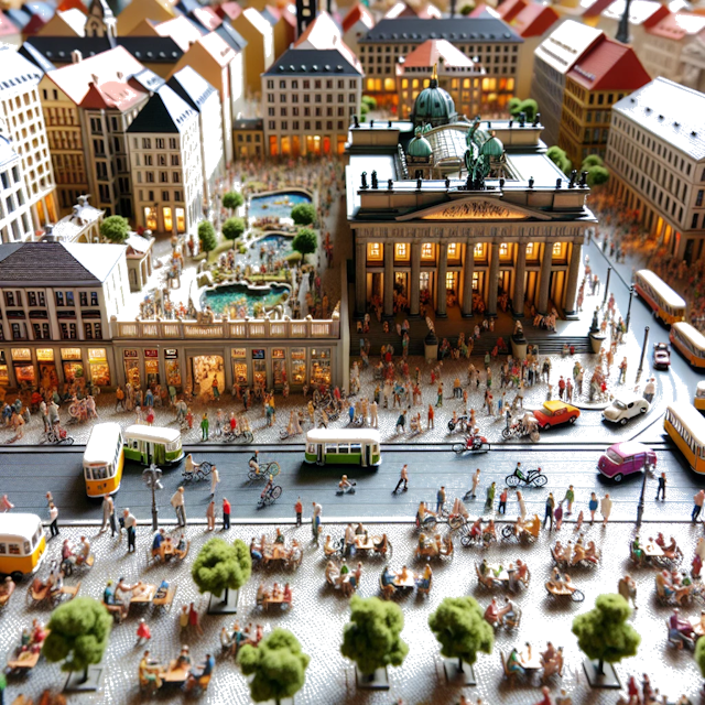 Create an image of intricate miniature model scene that encapsulates the vibrant essence and unique characteristics of City Deutschland, in country Berlin styled to echo the fascinating detail and whimsy of Miniatur World.