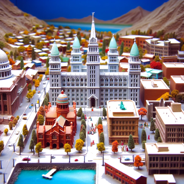 Create an image of intricate miniature model scene that encapsulates the vibrant essence and unique characteristics of City Provo, in country Utah styled to echo the fascinating detail and whimsy of Miniatur World.