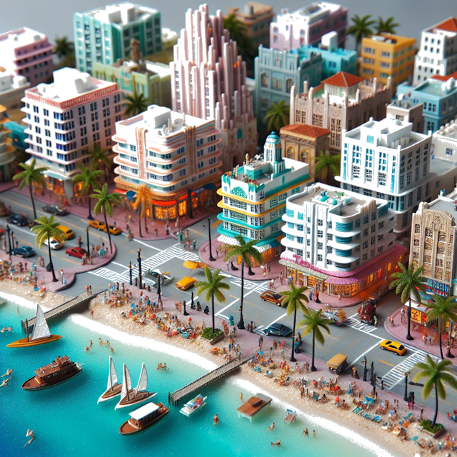 Create an image of intricate miniature model scene that encapsulates the vibrant essence and unique characteristics of City Miami, Floride, in country USA styled to echo the fascinating detail and whimsy of Miniatur World.