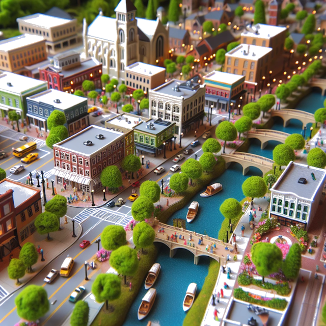 Create an image of intricate miniature model scene that encapsulates the vibrant essence and unique characteristics of City Greenville, in country Carolina do Sul styled to echo the fascinating detail and whimsy of Miniatur World.
