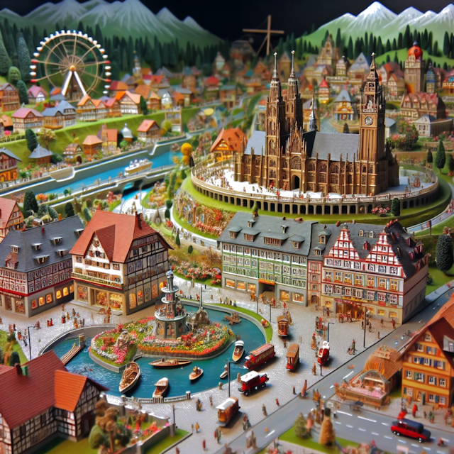 Create an image of intricate miniature model scene that encapsulates the vibrant essence and unique characteristics of Country Westdeutschland, styled to echo the fascinating detail and whimsy of Miniatur World.