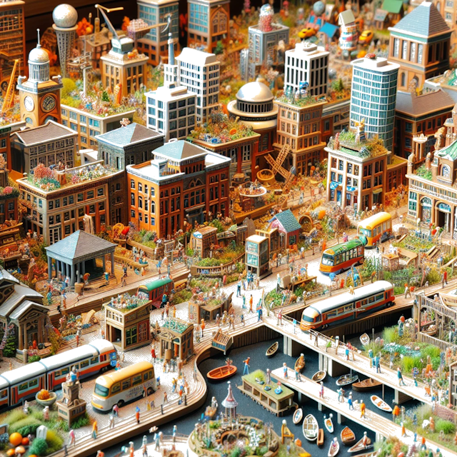 Create an image of intricate miniature model scene that encapsulates the vibrant essence and unique characteristics of City Ontario, in country Canada styled to echo the fascinating detail and whimsy of Miniatur World.