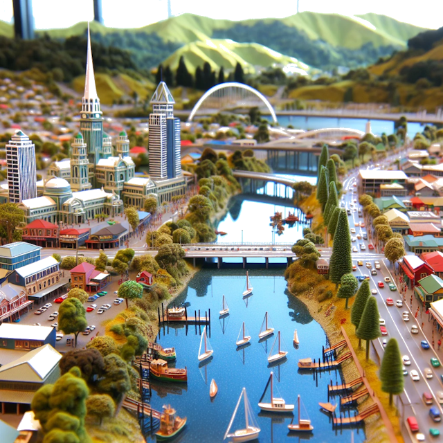 Create an image of intricate miniature model scene that encapsulates the vibrant essence and unique characteristics of City Manurewa, in country Nieuw-Zeeland styled to echo the fascinating detail and whimsy of Miniatur World.