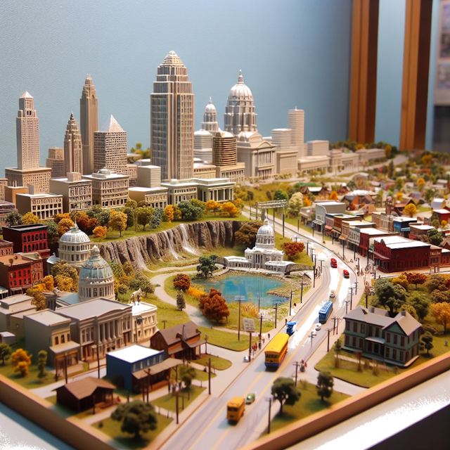 Create an image of intricate miniature model scene that encapsulates the vibrant essence and unique characteristics of City Missouri, in country EUA styled to echo the fascinating detail and whimsy of Miniatur World.