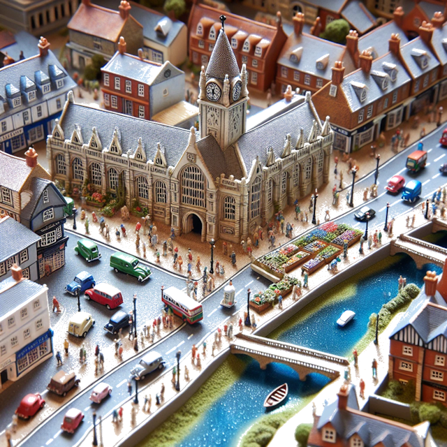 Create an image of intricate miniature model scene that encapsulates the vibrant essence and unique characteristics of City Wokingham, Berkshire, in country Angleterre styled to echo the fascinating detail and whimsy of Miniatur World.