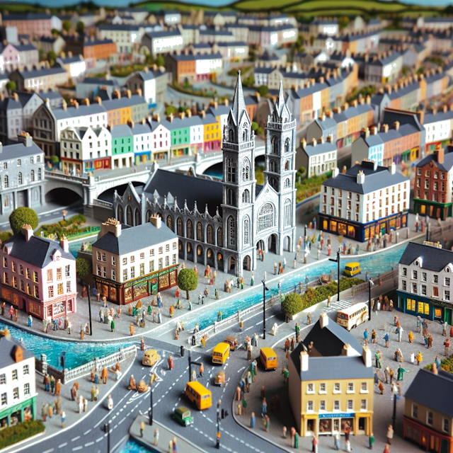 Create an image of intricate miniature model scene that encapsulates the vibrant essence and unique characteristics of City Limerick, in country Ireland styled to echo the fascinating detail and whimsy of Miniatur World.