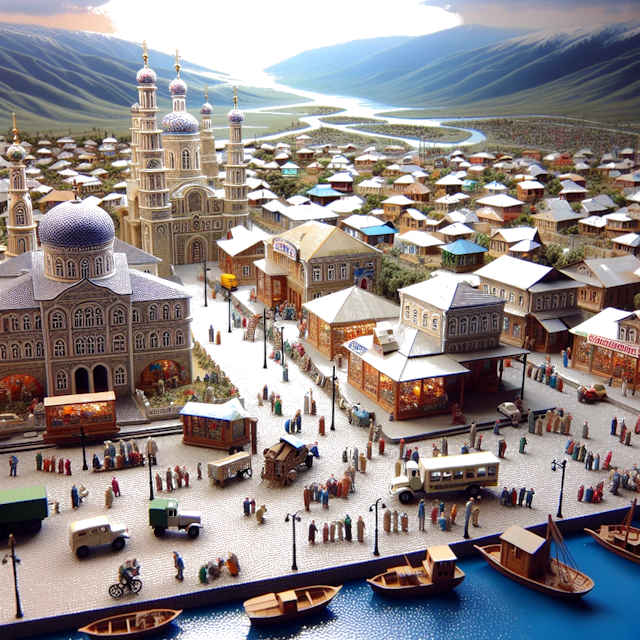 Create an image of intricate miniature model scene that encapsulates the vibrant essence and unique characteristics of City Dagestanskiye Ogni, in country Rusland styled to echo the fascinating detail and whimsy of Miniatur World.