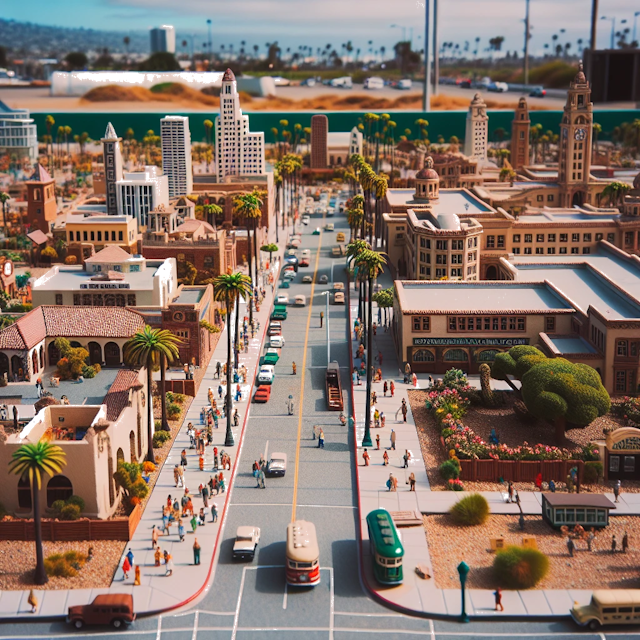 Create an image of intricate miniature model scene that encapsulates the vibrant essence and unique characteristics of City Long Beach, in country Californië styled to echo the fascinating detail and whimsy of Miniatur World.