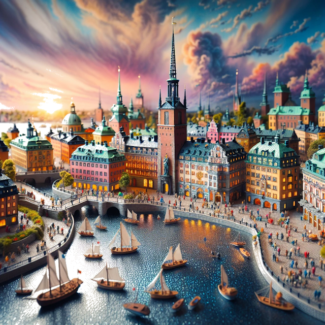 Create an image of intricate miniature model scene that encapsulates the vibrant essence and unique characteristics of City Stockholm, in country Zweden styled to echo the fascinating detail and whimsy of Miniatur World.