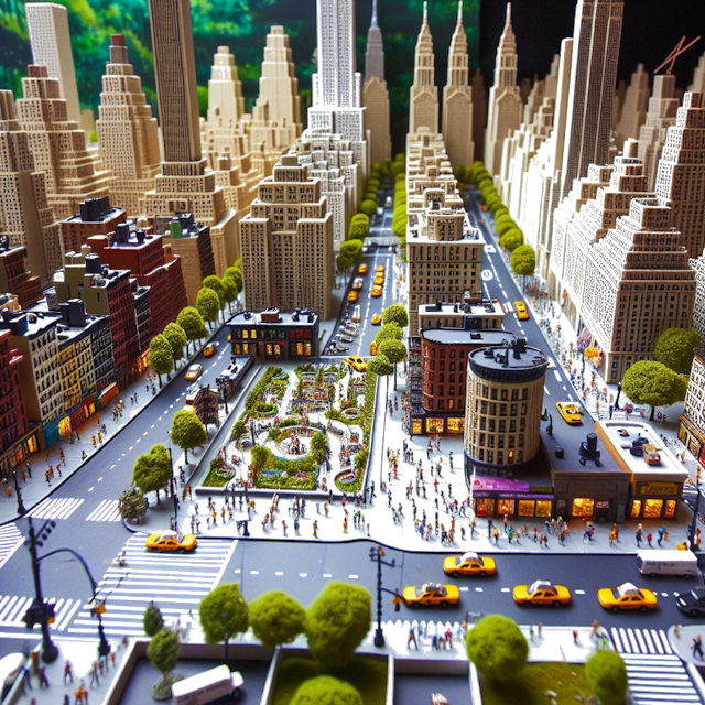 Create an image of intricate miniature model scene that encapsulates the vibrant essence and unique characteristics of City New York City, in country USA styled to echo the fascinating detail and whimsy of Miniatur World.