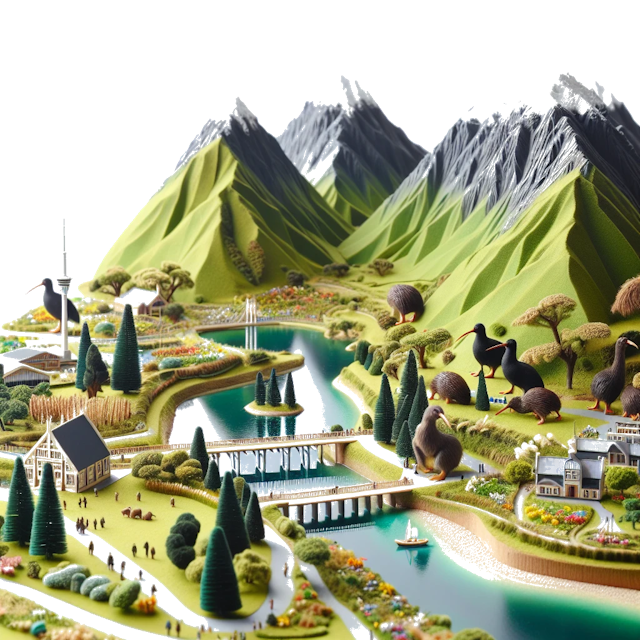 Create an image of intricate miniature model scene that encapsulates the vibrant essence and unique characteristics of Country Nova Zelândia, styled to echo the fascinating detail and whimsy of Miniatur World.