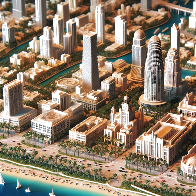 Create an image of intricate miniature model scene that encapsulates the vibrant essence and unique characteristics of City Miami, in country Florida styled to echo the fascinating detail and whimsy of Miniatur World.
