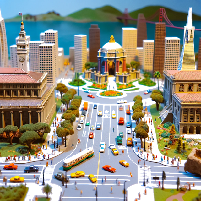 Create an image of intricate miniature model scene that encapsulates the vibrant essence and unique characteristics of City Stati Uniti, in country San Francisco styled to echo the fascinating detail and whimsy of Miniatur World.