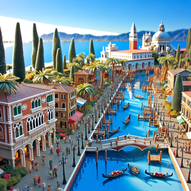 Create an image of intricate miniature model scene that encapsulates the vibrant essence and unique characteristics of City Venise, in country Californie styled to echo the fascinating detail and whimsy of Miniatur World.