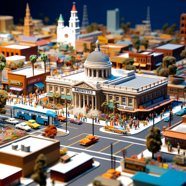 Create an image of intricate miniature model scene that encapsulates the vibrant essence and unique characteristics of City Bakersfield, in country Californie styled to echo the fascinating detail and whimsy of Miniatur World.