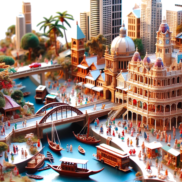 Create an image of intricate miniature model scene that encapsulates the vibrant essence and unique characteristics of City Brisbane, in country Austrália styled to echo the fascinating detail and whimsy of Miniatur World.