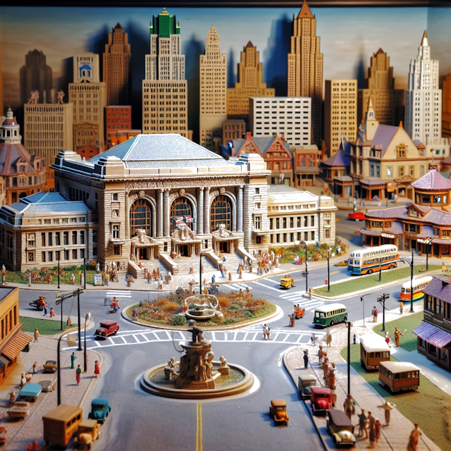 Create an image of intricate miniature model scene that encapsulates the vibrant essence and unique characteristics of City Missouri, in country États-Unis styled to echo the fascinating detail and whimsy of Miniatur World.