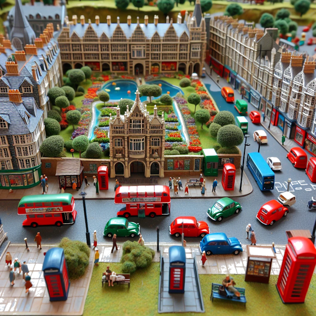 Create an image of intricate miniature model scene that encapsulates the vibrant essence and unique characteristics of City Engeland, in country Verenigd Koninkrijk styled to echo the fascinating detail and whimsy of Miniatur World.