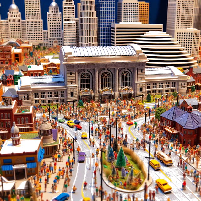 Create an image of intricate miniature model scene that encapsulates the vibrant essence and unique characteristics of City Kansas City, in country Missouri styled to echo the fascinating detail and whimsy of Miniatur World.