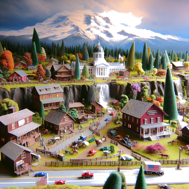 Create an image of intricate miniature model scene that encapsulates the vibrant essence and unique characteristics of Country Washington, styled to echo the fascinating detail and whimsy of Miniatur World.
