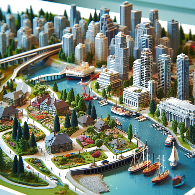 Create an image of intricate miniature model scene that encapsulates the vibrant essence and unique characteristics of City Vancouver, in country Canada styled to echo the fascinating detail and whimsy of Miniatur World.