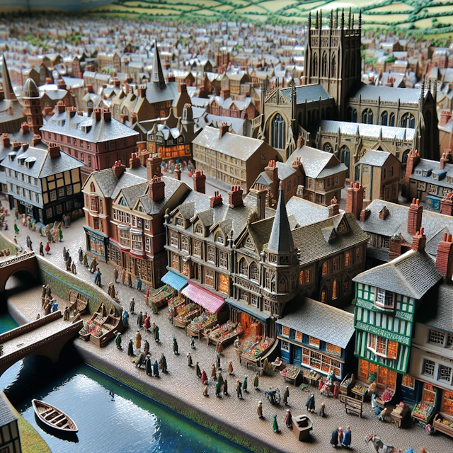 Create an image of intricate miniature model scene that encapsulates the vibrant essence and unique characteristics of City Hereford, in country England styled to echo the fascinating detail and whimsy of Miniatur World.