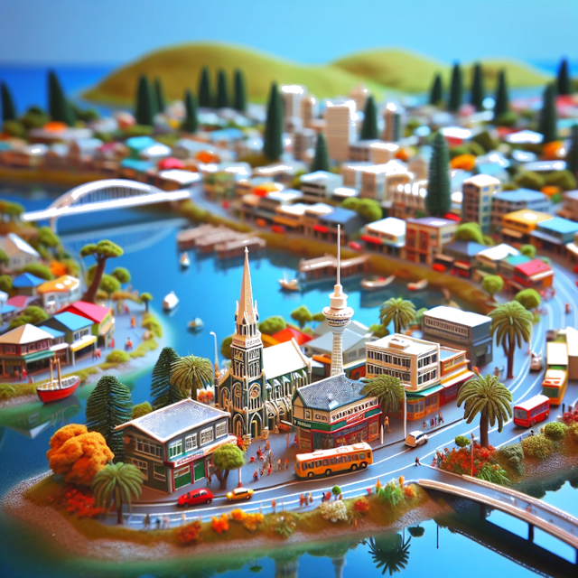 Create an image of intricate miniature model scene that encapsulates the vibrant essence and unique characteristics of City Manurewa, in country Nouvelle-Zélande styled to echo the fascinating detail and whimsy of Miniatur World.