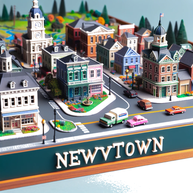 Create an image of intricate miniature model scene that encapsulates the vibrant essence and unique characteristics of City Newtown, in country Pennsylvanie styled to echo the fascinating detail and whimsy of Miniatur World.