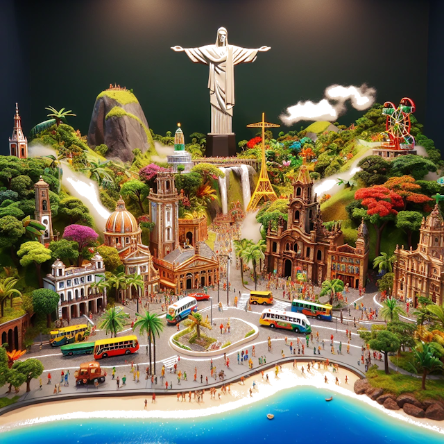 Create an image of intricate miniature model scene that encapsulates the vibrant essence and unique characteristics of Country Brésil, styled to echo the fascinating detail and whimsy of Miniatur World.