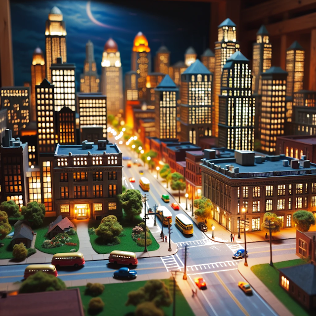 Create an image of intricate miniature model scene that encapsulates the vibrant essence and unique characteristics of City Missouri, in country USA styled to echo the fascinating detail and whimsy of Miniatur World.
