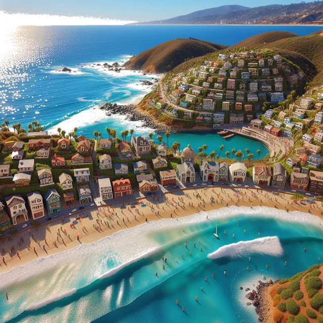 Create an image of intricate miniature model scene that encapsulates the vibrant essence and unique characteristics of City Laguna Beach, in country Califórnia styled to echo the fascinating detail and whimsy of Miniatur World.