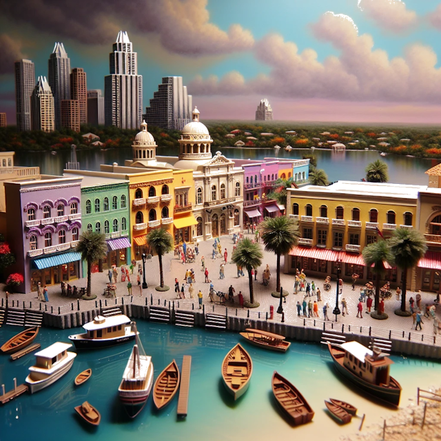 Create an image of intricate miniature model scene that encapsulates the vibrant essence and unique characteristics of City Floride, in country Austin styled to echo the fascinating detail and whimsy of Miniatur World.