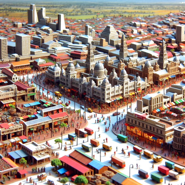 Create an image of intricate miniature model scene that encapsulates the vibrant essence and unique characteristics of City Johannesburg, in country South Africa styled to echo the fascinating detail and whimsy of Miniatur World.