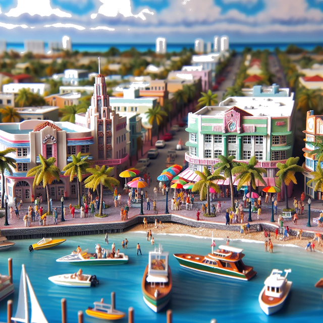 Create an image of intricate miniature model scene that encapsulates the vibrant essence and unique characteristics of City Miami, Florida, in country USA styled to echo the fascinating detail and whimsy of Miniatur World.
