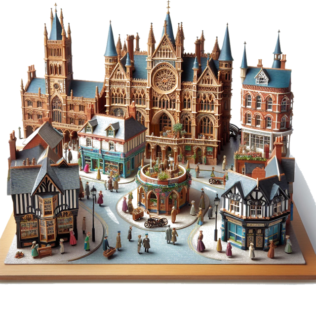 Create an image of intricate miniature model scene that encapsulates the vibrant essence and unique characteristics of City Hereford, in country Angleterre styled to echo the fascinating detail and whimsy of Miniatur World.