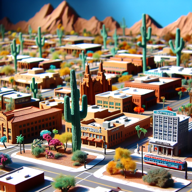 Create an image of intricate miniature model scene that encapsulates the vibrant essence and unique characteristics of City Scottsdale, in country Arizona styled to echo the fascinating detail and whimsy of Miniatur World.