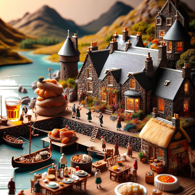 Create an image of intricate miniature model scene that encapsulates the vibrant essence and unique characteristics of Country Scozia, styled to echo the fascinating detail and whimsy of Miniatur World.