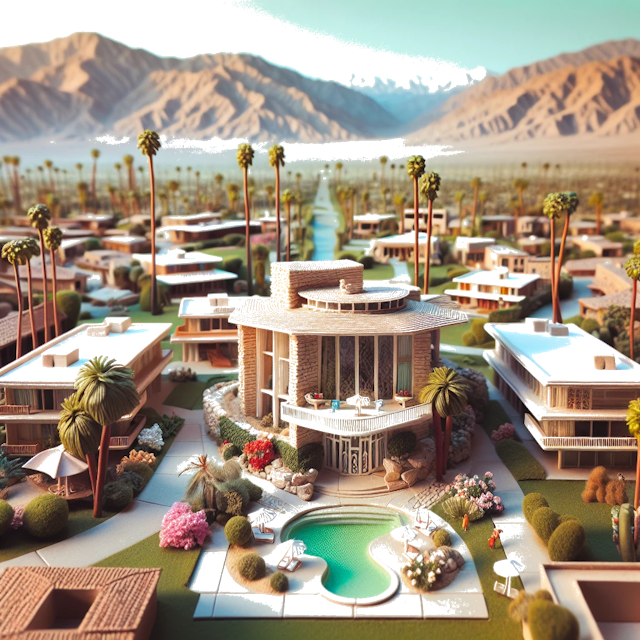 Create an image of intricate miniature model scene that encapsulates the vibrant essence and unique characteristics of City Palm Springs, Kalifornien, in country USA styled to echo the fascinating detail and whimsy of Miniatur World.