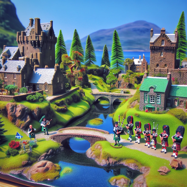 Create an image of intricate miniature model scene that encapsulates the vibrant essence and unique characteristics of Country Écosse, styled to echo the fascinating detail and whimsy of Miniatur World.