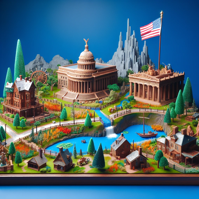 Create an image of intricate miniature model scene that encapsulates the vibrant essence and unique characteristics of Country États-Unis d'Amérique, styled to echo the fascinating detail and whimsy of Miniatur World.