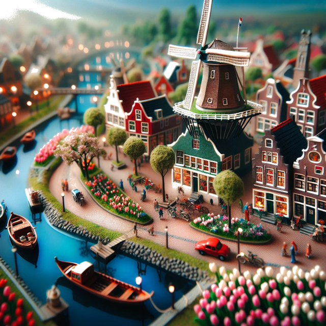 Create an image of intricate miniature model scene that encapsulates the vibrant essence and unique characteristics of Country Niederlande, styled to echo the fascinating detail and whimsy of Miniatur World.