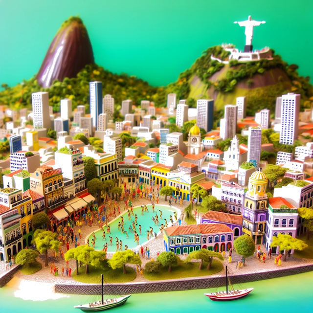 Create an image of intricate miniature model scene that encapsulates the vibrant essence and unique characteristics of City Rio de Janeiro, in country Brésil styled to echo the fascinating detail and whimsy of Miniatur World.