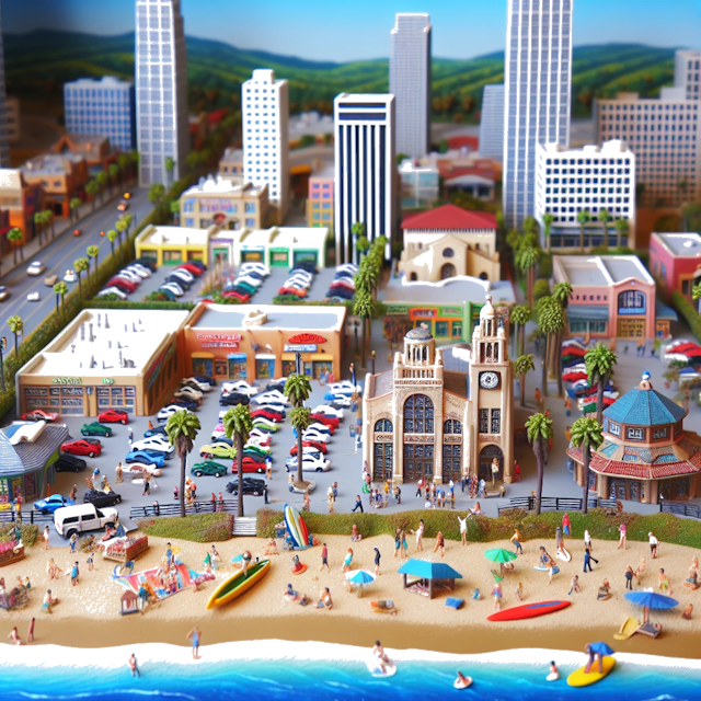 Create an image of intricate miniature model scene that encapsulates the vibrant essence and unique characteristics of City Long Beach, in country Kalifornien styled to echo the fascinating detail and whimsy of Miniatur World.
