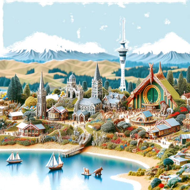 Create an image of intricate miniature model scene that encapsulates the vibrant essence and unique characteristics of Country Nieuw-Zeeland, styled to echo the fascinating detail and whimsy of Miniatur World.