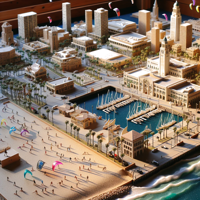 Create an image of intricate miniature model scene that encapsulates the vibrant essence and unique characteristics of City Long Beach, in country Califórnia styled to echo the fascinating detail and whimsy of Miniatur World.