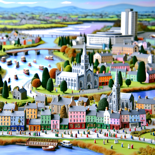 Create an image of intricate miniature model scene that encapsulates the vibrant essence and unique characteristics of City Limerick, in country Irlande styled to echo the fascinating detail and whimsy of Miniatur World.