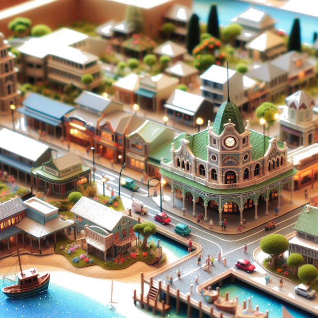 Create an image of intricate miniature model scene that encapsulates the vibrant essence and unique characteristics of City Mackay, in country Queensland styled to echo the fascinating detail and whimsy of Miniatur World.
