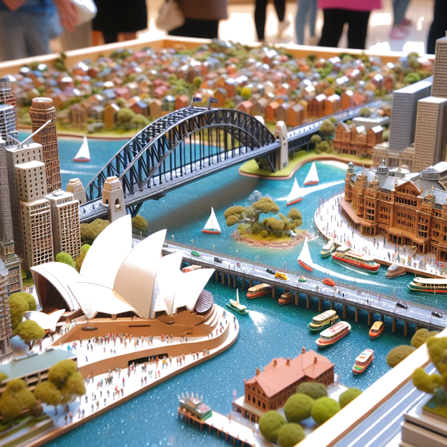 Create an image of intricate miniature model scene that encapsulates the vibrant essence and unique characteristics of City Australien, in country Sydney styled to echo the fascinating detail and whimsy of Miniatur World.