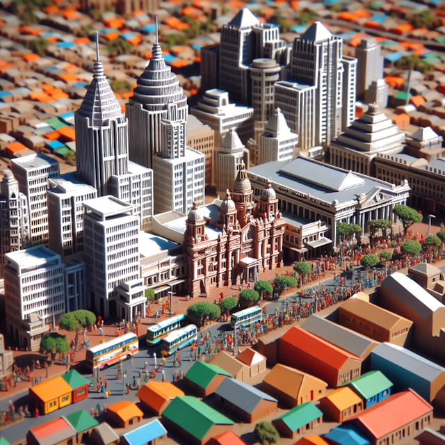 Create an image of intricate miniature model scene that encapsulates the vibrant essence and unique characteristics of City Johannesburg, in country Sudafrica styled to echo the fascinating detail and whimsy of Miniatur World.