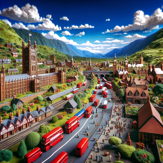 Create an image of intricate miniature model scene that encapsulates the vibrant essence and unique characteristics of Country England, styled to echo the fascinating detail and whimsy of Miniatur World.